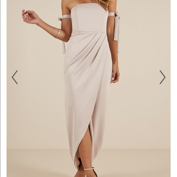 Showpo Common Muse Maxi Dress 0 Tulip Slit Strapless Ties Formal Stone Beige - Picture 2 of 15